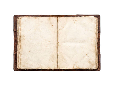 Open antique book with blank aged pages and leather cover laid flat on white background, textured yellowed paper, torn edges and historical archival feel