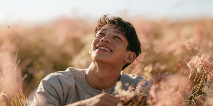 Young man laughing in sunlit field portrait for summer lifestyle background and banner design