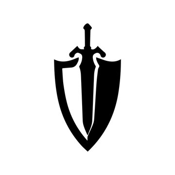Sword and shield silhouette. Medieval knight heraldry emblem.