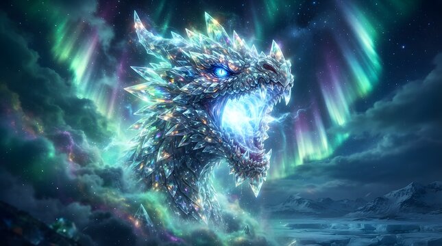 Majestic Crystal Dragon with Aurora Borealis in Night Sky