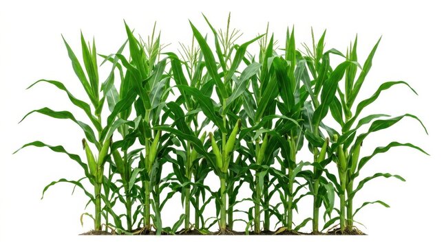 A row of fresh green corn plants growing in a field isolated on a solid white background