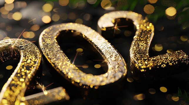 Glittering gold "2022" numbers with bokeh lights and evergreen, creating festive New Year vibe