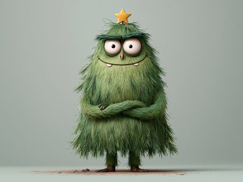 Grumpy green Christmas tree monster with star on head