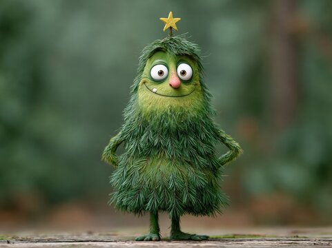 Cute animated Christmas tree character with a star on head