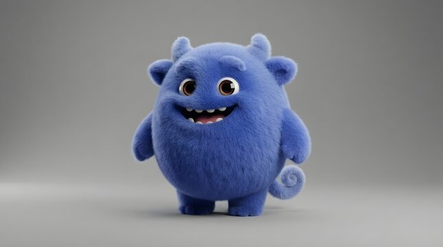 Cute blue cartoon monster with horns on a gray background