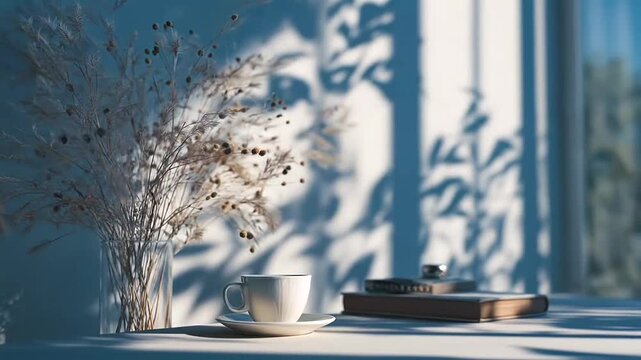 Desk with coffee mug and book under window shadows.