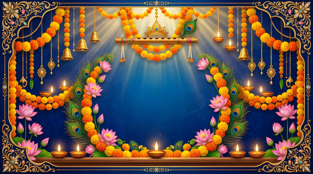 Colorful Janmashtami Festival Stage with Decorations and Lights
