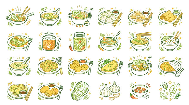 A vibrant collection of hand-drawn illustrations depicting a variety of delicious Asian dishes and ingredients, showcasing culinary diversity.