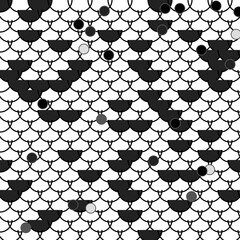 Minimalist black and white seamless pattern with fish scale grid and dark dots © Dima