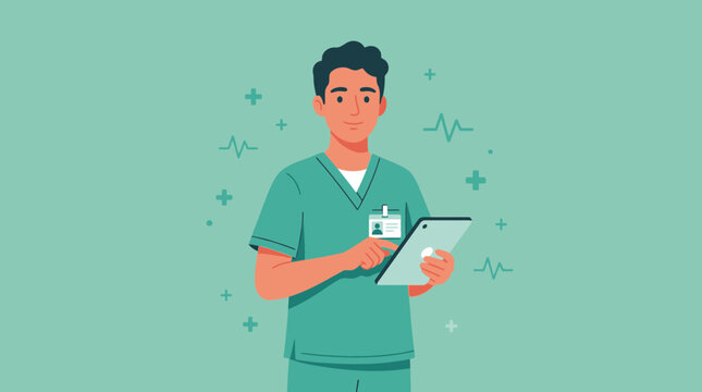Male Nurse With Tablet, Medical Icons, Healthcare Illustration