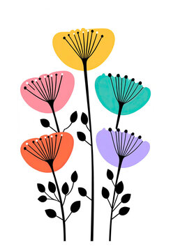 Minimalist Colorful Scandinavian Floral Illustration with Modern Abstract Botanical Flowers,