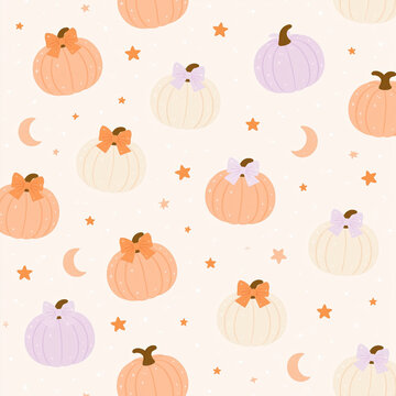 Pastel pumpkin pattern halloween background cute orange cream purple bow star moon seamless autumn decoration soft nursery fabric wrapping paper