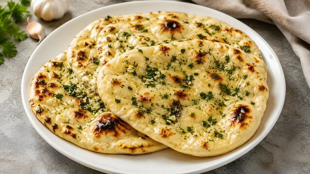 Garlic naan bread presented on a white plate garnished with fresh herbs