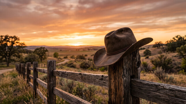countryside, view Western, Rural, Rural background with cowboy hat on wooden fence Rustic sunset outdoor backdrop