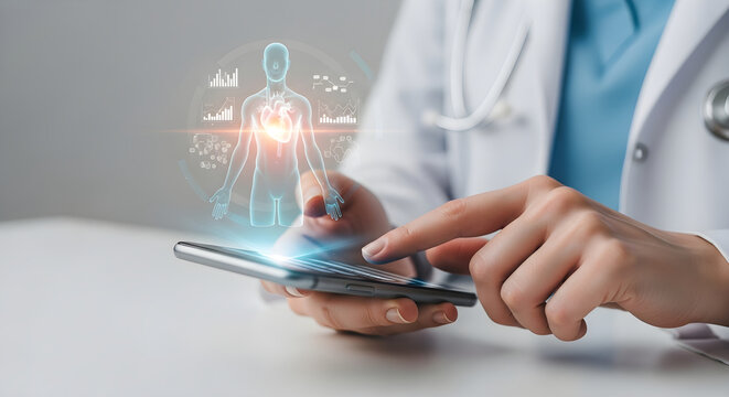 Doctor Using Mobile Phone Application to Analyze Patient Digital Human Anatomy and Cardiac Health Data