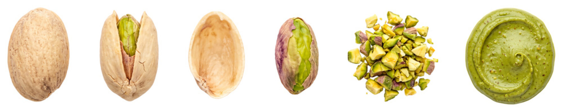 Pistachio evolution stages showing whole nut in shell, cracked open shell, kernel, chopped pieces and creamy green butter spread
