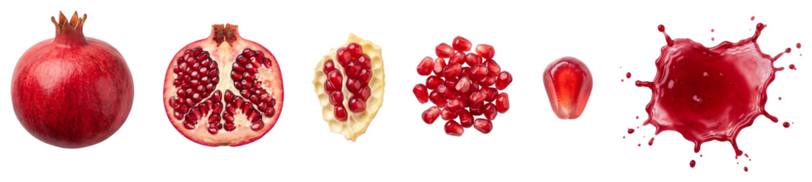 Set of fresh pomegranate fruit, half, section, seeds, grain, and juice splash in a row for food and beverage projects