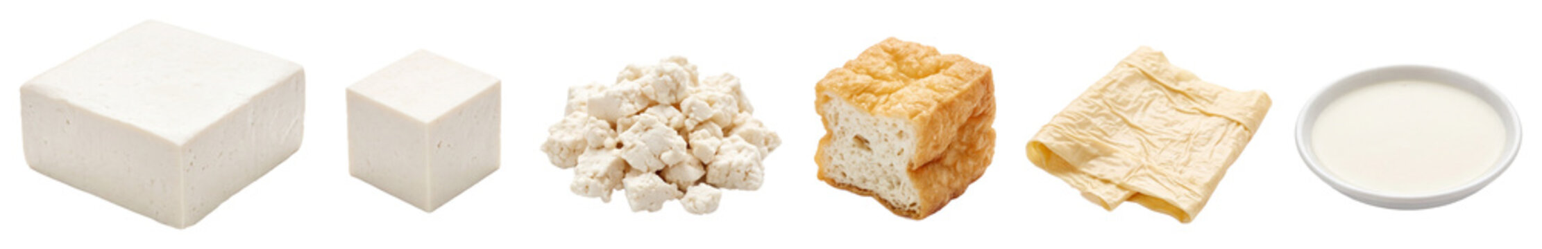 Collection of various soy products including tofu block, cubed tofu, minced tofu, fried tofu pouch, yuba skin sheet, and soy milk in bowl representing vegan food ingredients and plant