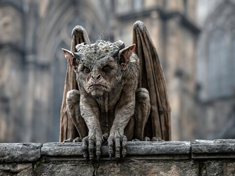 Ancient stone gargoyle statue on a gothic building ledge