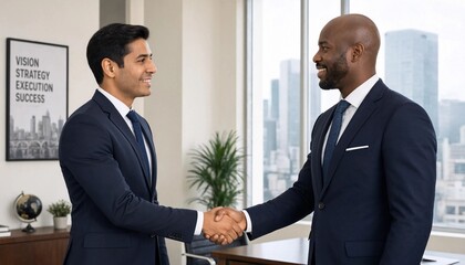 Fototapeta premium Two diverse businessmen shaking hands in modern office with city skyline view