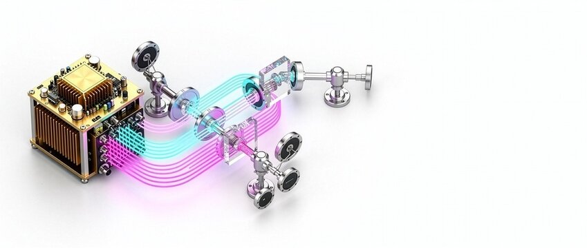Panoramic 21:9 3D render of a photonic quantum computing control module on the far left with glowing laser waveguides and clean white copy space