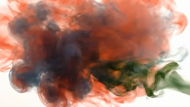 Abstract Fluid Red Green Ink forming intricate translucent plumes against a pristine white field, ideal for artistic backgrounds, digital art, dynamic branding, and motion graphic design video.