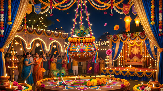 Colorful Janmashtami celebration with traditional decorations and festivities