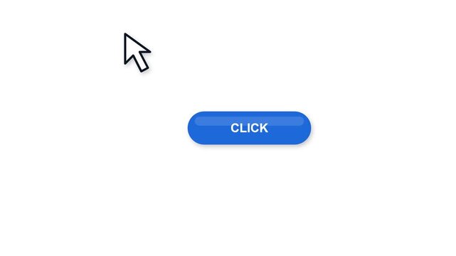 Blue button with text "click" and animated cursor hovering over it motion video