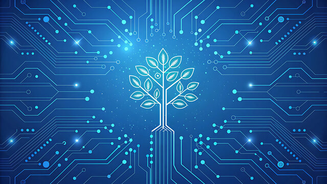 Digital technology circuit board background with glowing tree