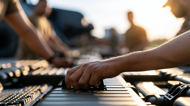 Hands organizing crates and equipment for transport at open airbase during daylight operation logistics concept teamwork readiness outdoor with copy space