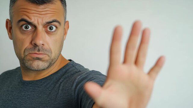 A man making a 'no way' expression and gesture with his right hand.