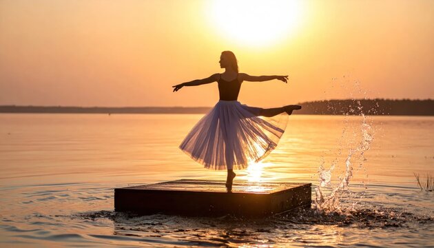 Ballerina dancing on water platform sunset.