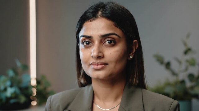 Responding to off-camera cue, Indian woman in blazer shifting to sure smile in office interview