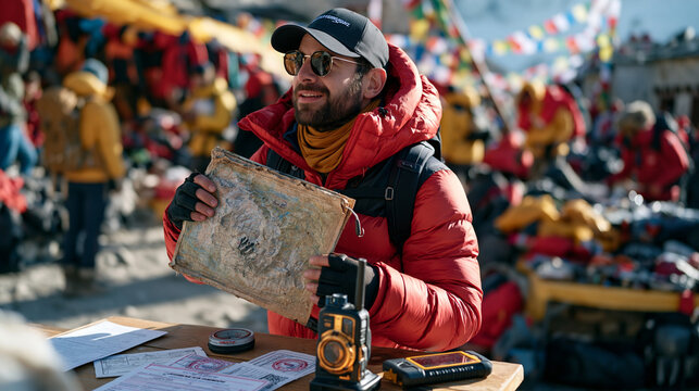 An adventure guide in a crowded mountain base camp market holds a worn topographic map beside a symbolic still life of compass, satellite communicator, and stamped expedition permits, gear vendors a