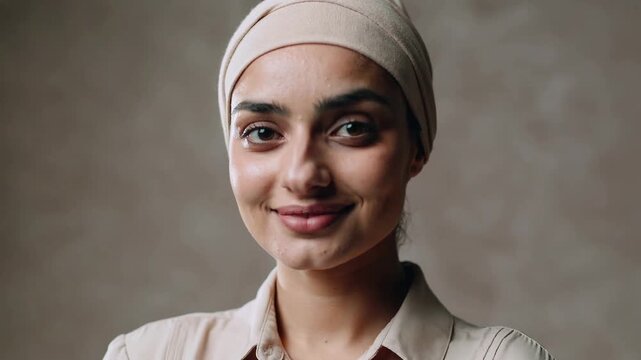 Zooming urging woman smiling tilting right posing in beige scarf light shirt with studio backdrop