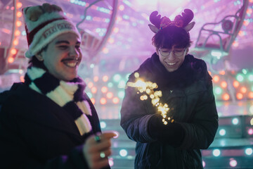 Fototapeta premium Two friends smile and hold sparklers amid bright seasonal lights. The joyful holiday scene features warm winter coats and colorful market lights.