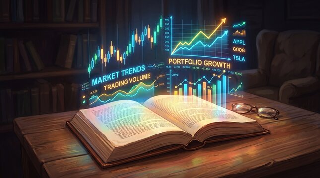 An open book emitting glowing holographic financial graphs and data, symbolizing knowledge, market analysis, and the fusion of learning with technology.