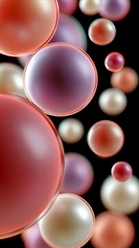 紫とコーラルピンクの美容成分カプセルが浮かぶ黒背景のマクロ3Dイメージ Purple and coral pink cosmetic microcapsules floating on black background, macro 3D skincare concept
