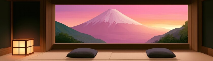 Fototapeta premium Traditional Japanese room looking out at Mount Fuji during a pink sunset
