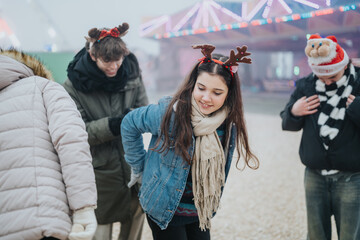 Fototapeta premium Young friends wearing reindeer headbands laugh and walk together at a winter carnival. A small group enjoys a festive outdoor outing with lights and cold-weather clothing.