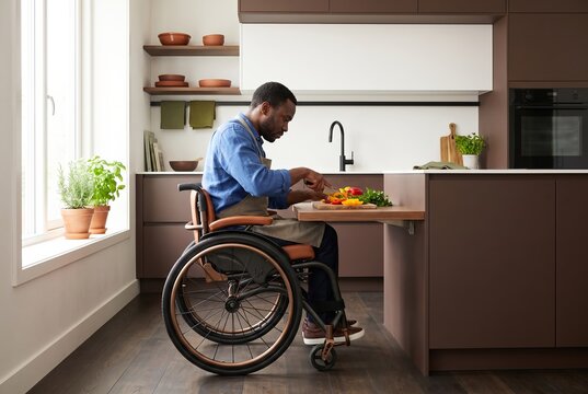 Man in a wheelchair cooking a meal at the lowered counter of his bright accessible kitchen