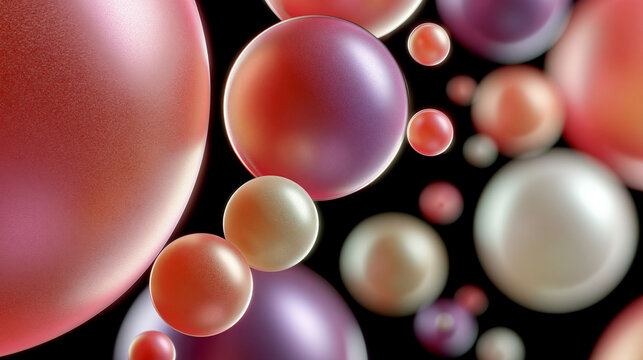 コーラルピンクと紫の美容成分カプセルが浮かぶ黒背景のマクロ3Dビジュアル Coral pink and purple cosmetic capsules floating on black background, macro 3D beauty and skincare visual