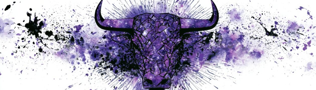 Purple bull head illustration with galaxy texture and ink splatter effects
