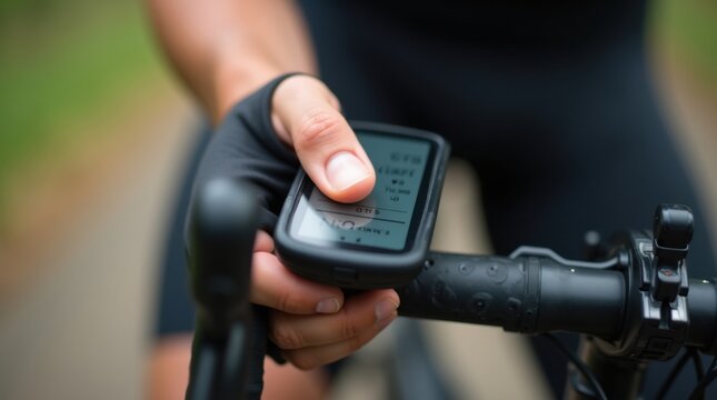 El dedo de un ciclista pulsando el bot&oacute;n de un ciclocomputador con GPS durante el entrenamiento