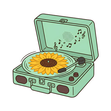 Cute Vintage Record Player with Spinning Sunflower