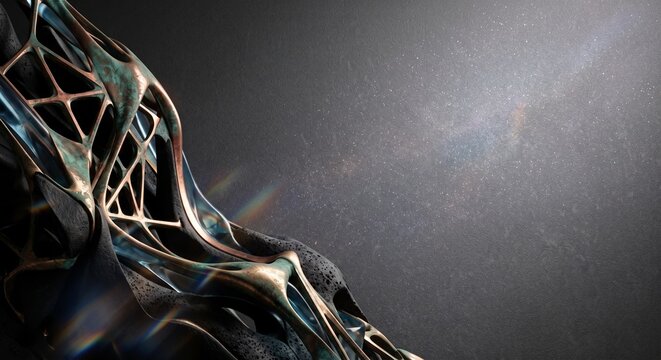 Abstract dark futuristic 3D background with organic metallic copper web structures and starry space