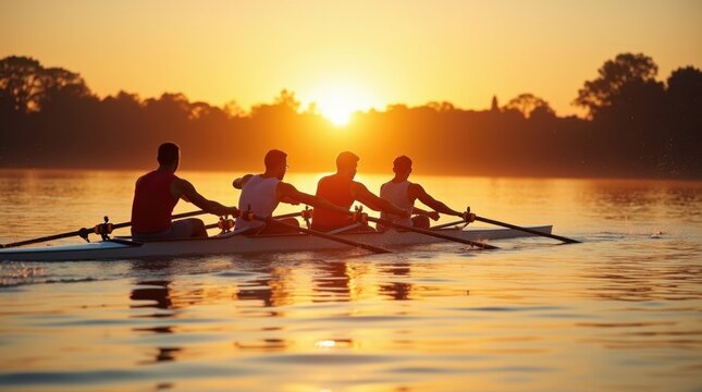 Equipo de remo avanzando con fuerza por aguas tranquilas al amanecer, en perfecta sincronizaci&oacute;n
