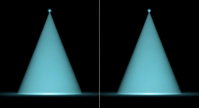 Abstract glowing light cone illumination effect showcasing digital spotlight projection and bright volumetric lighting beams on dark background
