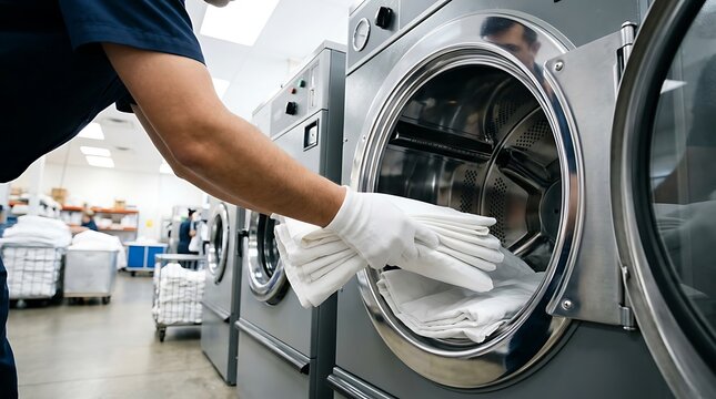 Professional laundry staff opening package of clean uniforms