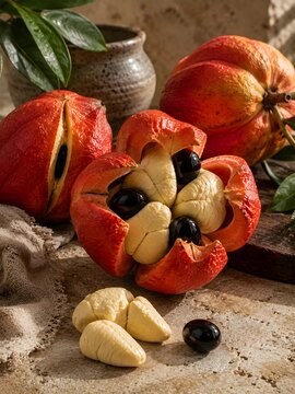 Fresh Ackee Fruit Pods Splitting Open with Yellow Arils and Black Seeds
